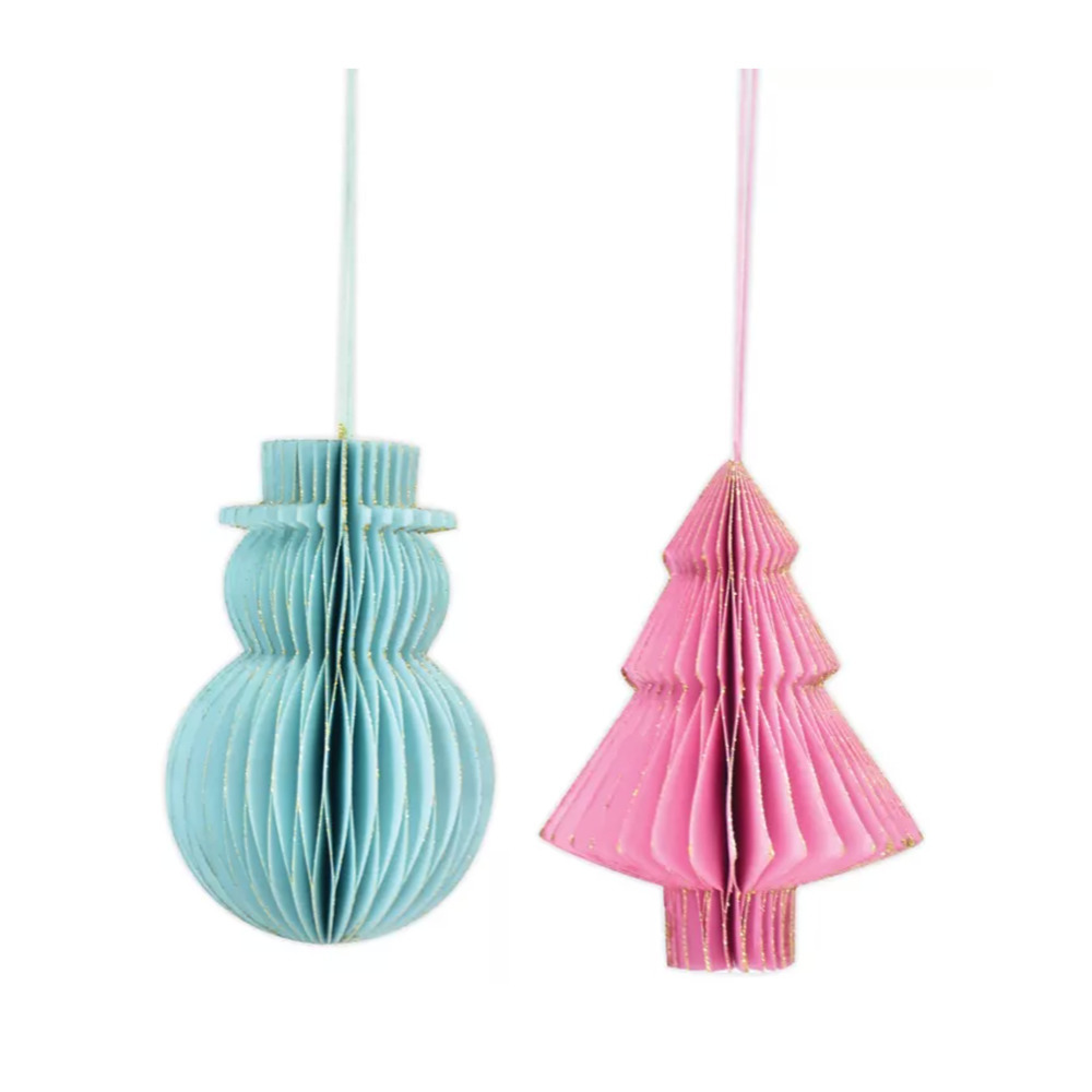 H For Happy Set Of 2 Christmas 4" Paper Ornaments Tree Snowman Pink Blue Holiday